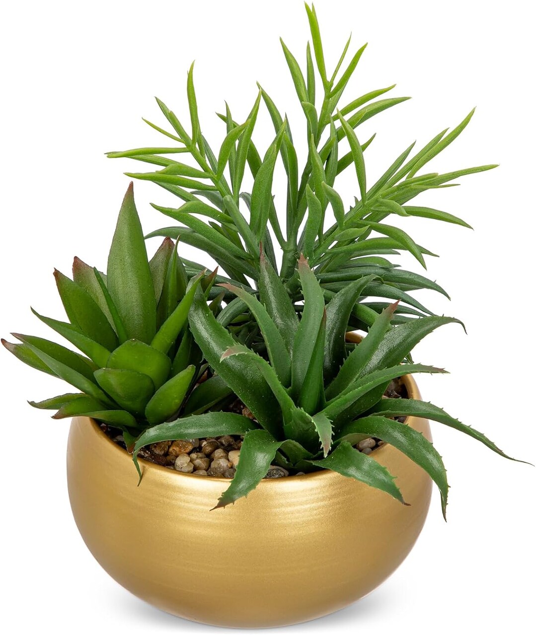 Artificial Succulent Small Potted Plant in Gold Metal Pot – Faux Lifelike Desk & Home Tabletop Centerpiece Decor for Office, Bathroom & Living Room